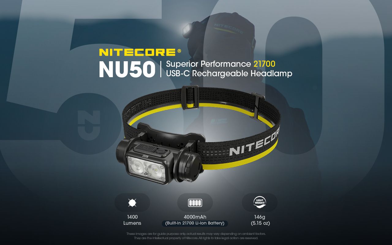 Nitecore NU50 1400 lumen LED-pannlampa för vandring – lättviktig uppladdningsbar pannlampa med lång drifttid
