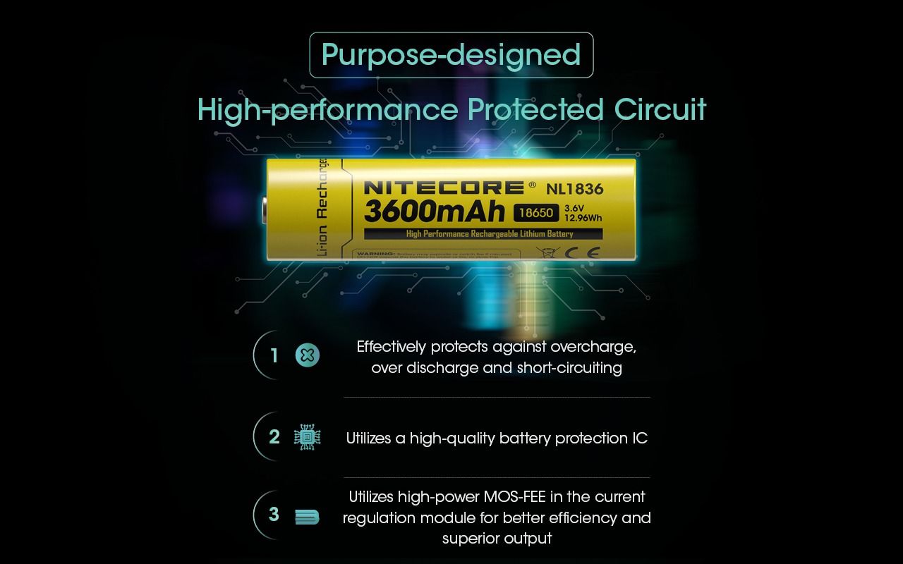 Nitecore 18650 NL1836 3600mAh Li-ion Uppladdningsbart Batteri för Ficklampa/Pannlampa