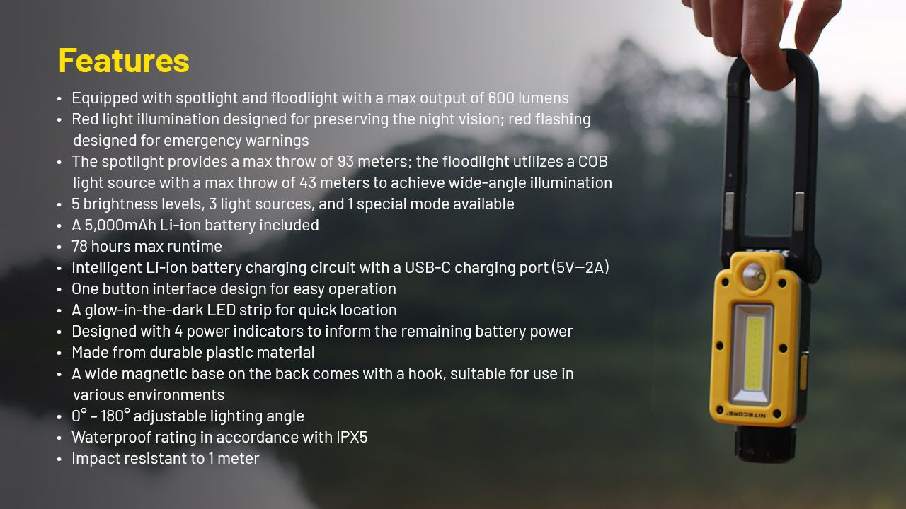 NITECORE NWL20 Bärbar strålkastare 600 lumen Mångsidig belysning med trippelutgång för utomhus- och nödanvändning