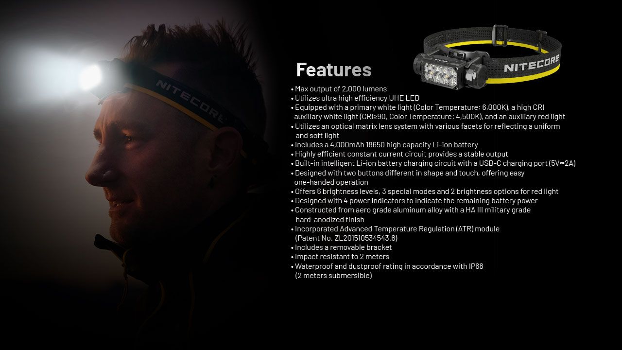 NITECORE HC65 UHE Pannlampa 2000 Lumen USB-C Uppladdningsbar LED-pannlampa för Camping och Vandring Lång Batteritid