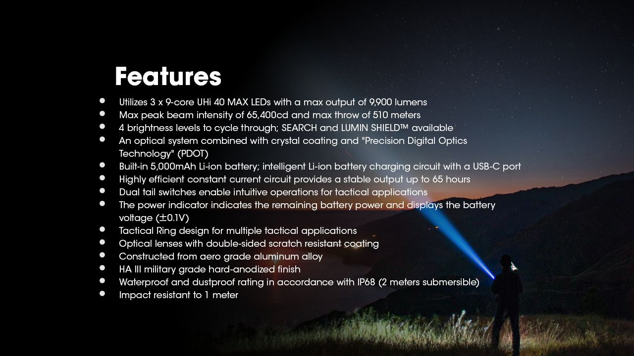 Nitecore TM9K PRO 9900 Lumen Hållbar uppladdningsbar ficklampa med USB-C och 510 m räckvidd för utomhusäventyr