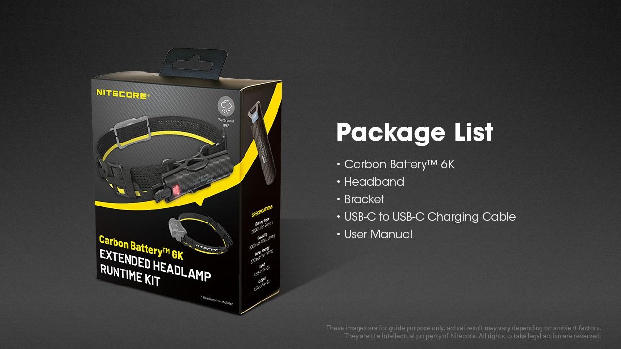 Nitecore Carbon Battery 6K Kit Headlamp Runtime Extender för NU40, NU43, NU45, NU50 och HC65 UHE-pannlampor