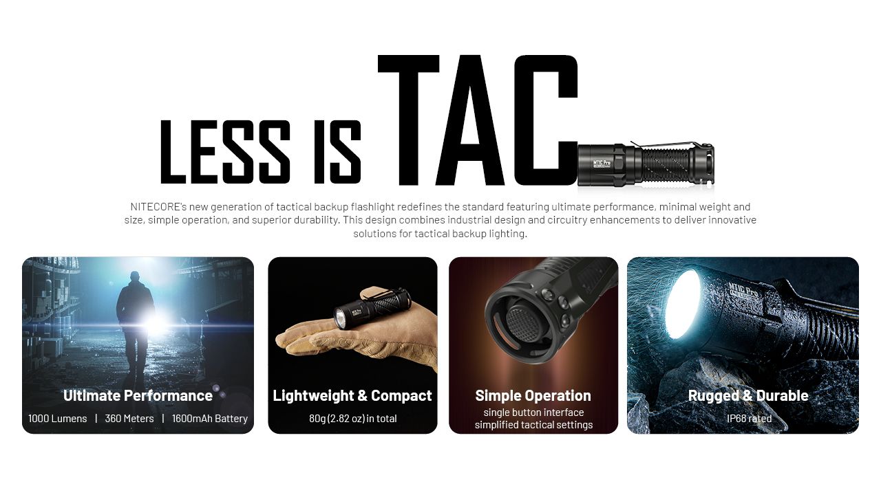 Nitecore MT1C Pro EDC-ficklampa 1000 lumen Kompakt hållbar vandrings- och nödficklampa 360 m räckvidd