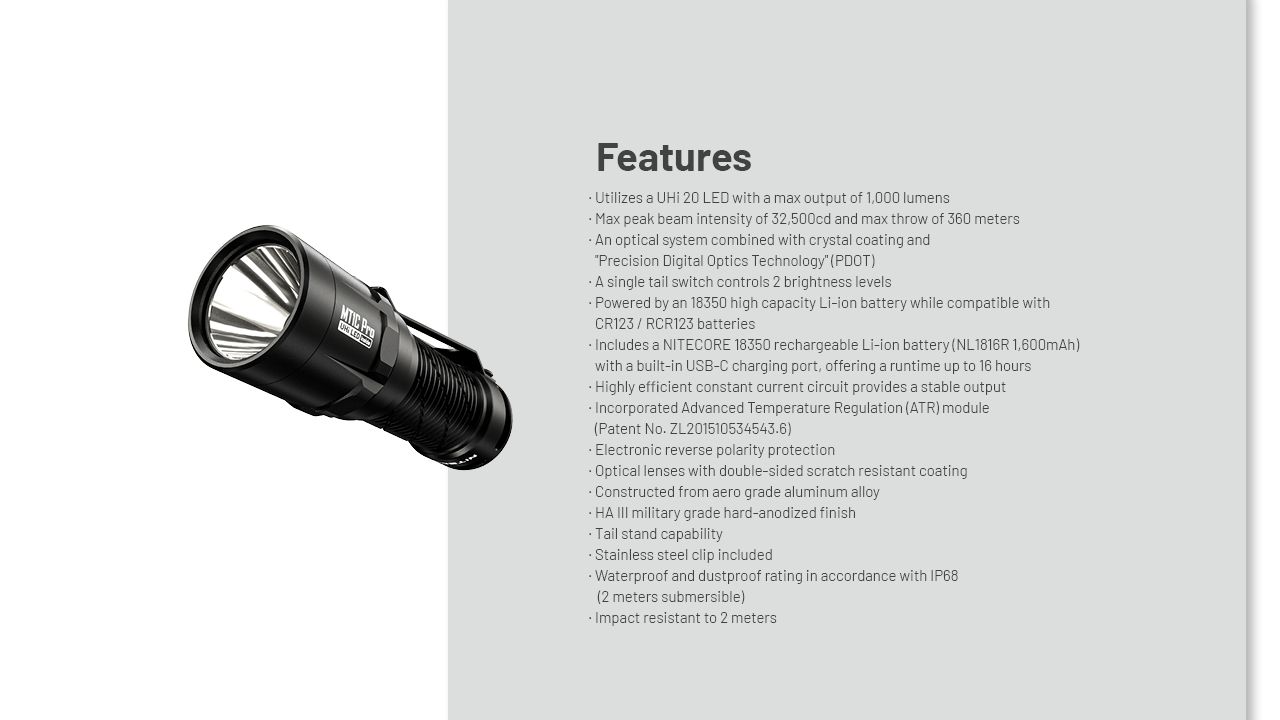 Nitecore MT1C Pro EDC-ficklampa 1000 lumen Kompakt hållbar vandrings- och nödficklampa 360 m räckvidd