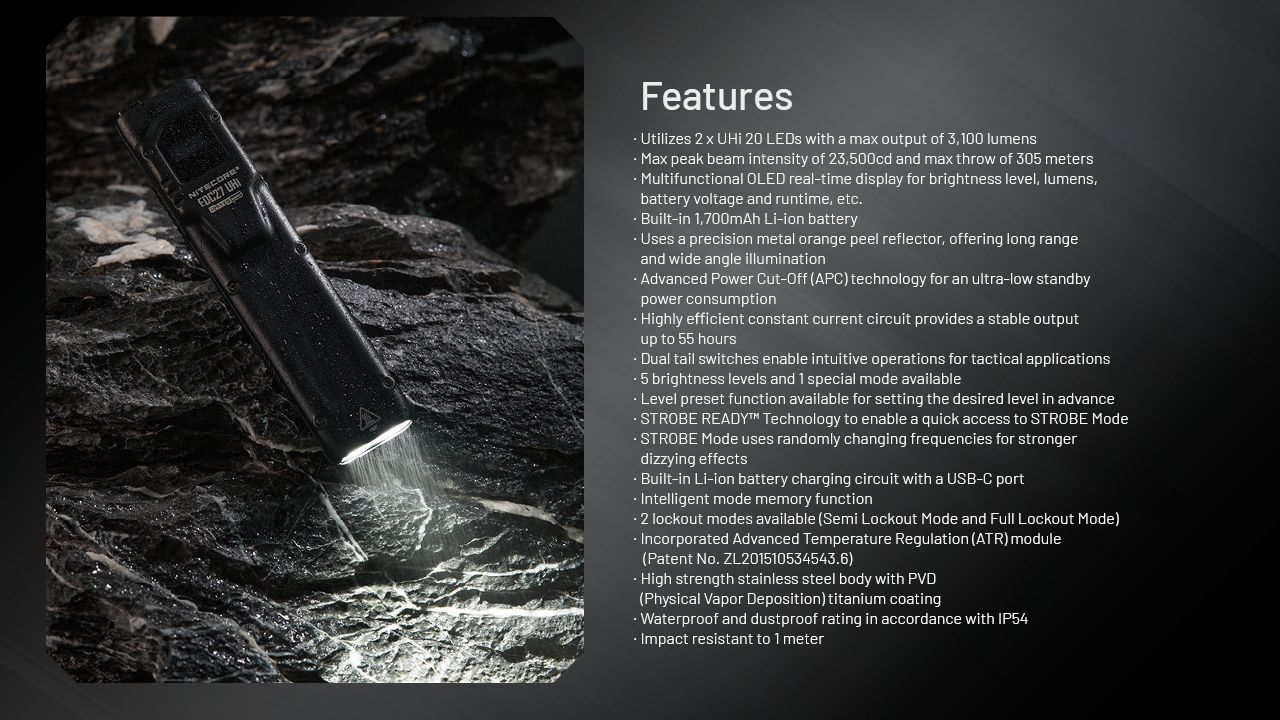 NITECORE EDC27 UHi 3100 lumen kompakt USB-C uppladdningsbar ficklampa för camping, nödsituationer och utomhusbruk