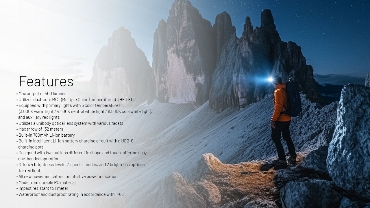 NITECORE NU25 MCT UL 400 Lumen pannlampa lättvikt USB-C laddningsbar för vandring, camping och nödsituationer