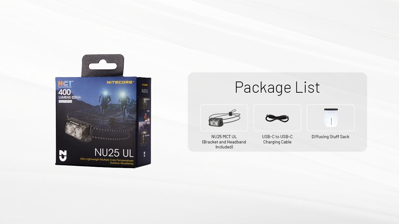 NITECORE NU25 MCT UL 400 Lumen pannlampa lättvikt USB-C laddningsbar för vandring, camping och nödsituationer
