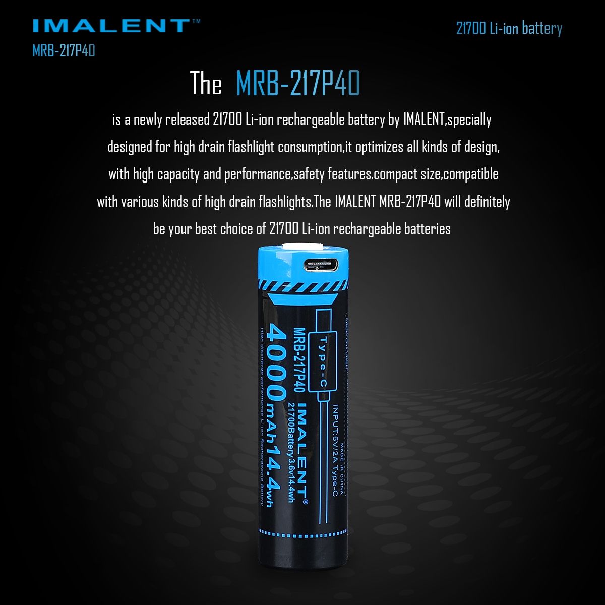 IMALENT MRB-217P40 21700 Batteri 4000mAh Type-C Uppladdningsbart Hög Kapacitet för Ficklampor och Prylar