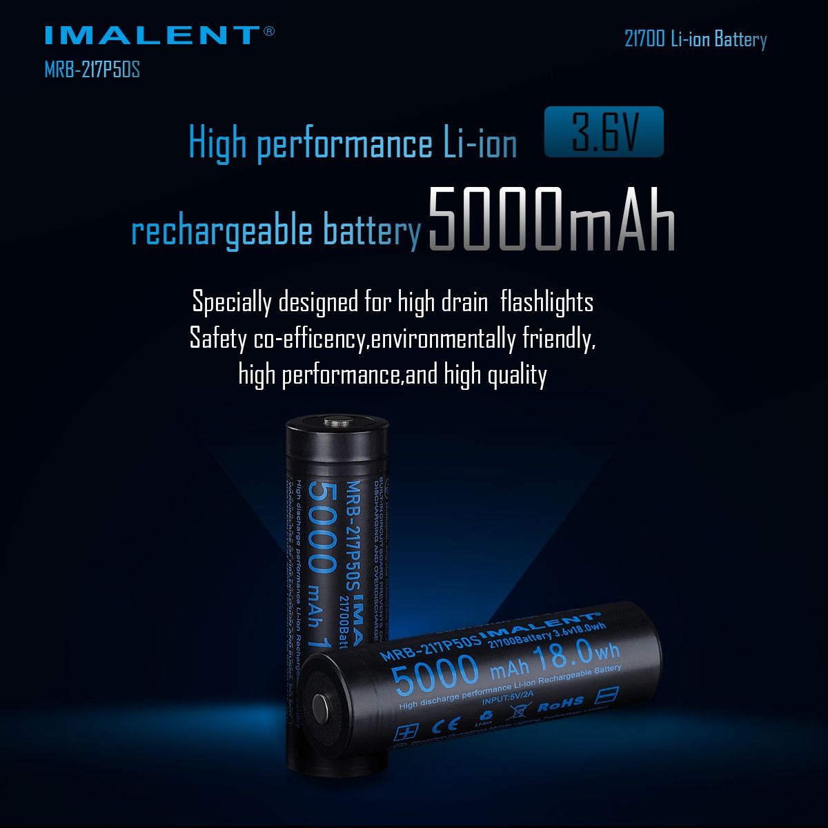 IMALENT MRB-217P50S: Hög Kapacitet 21700 Laddbart Li-ion Batteri 5000mAh 3.6V för Ficklampa