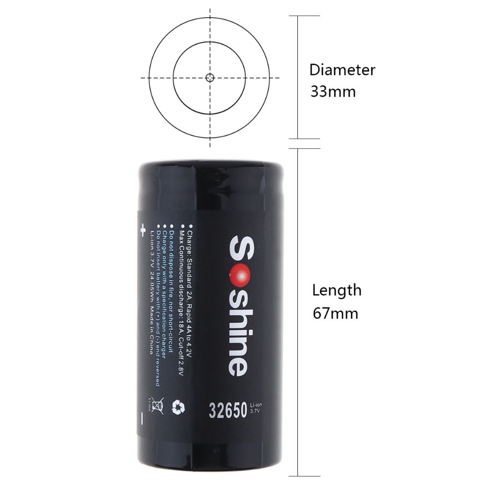 Soshine 6500mAh 3.7V 32650 Litiumuppladdningsbart batteri med hög energitäthet och lång livslängd för verktyg och prylar
