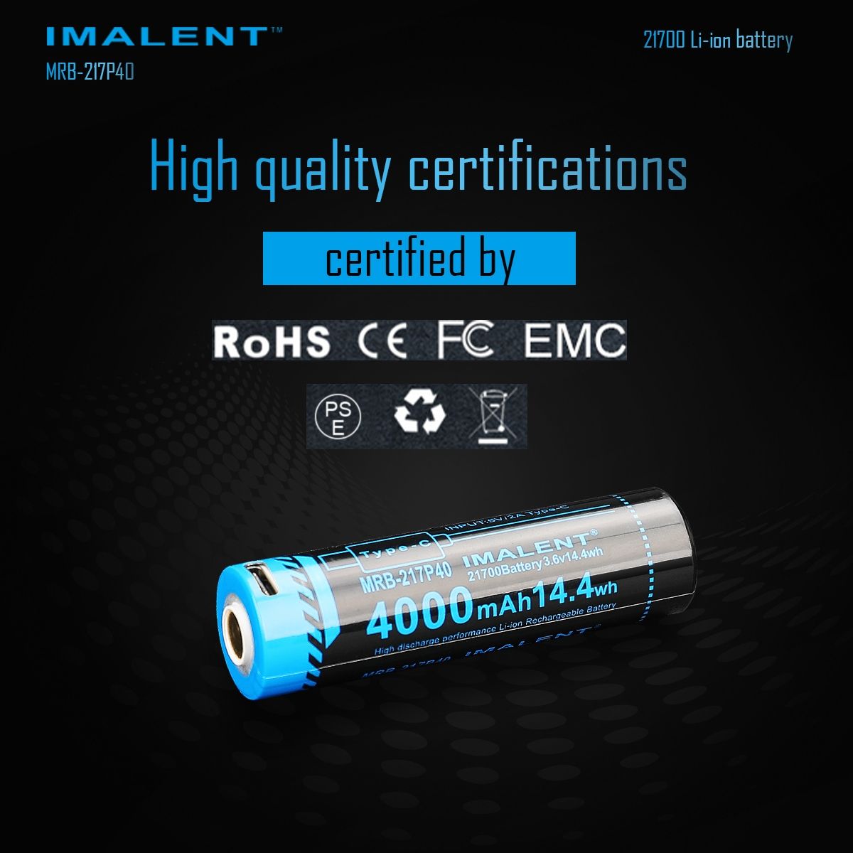IMALENT MRB-217P40 21700 Batteri 4000mAh Type-C Uppladdningsbart Hög Kapacitet för Ficklampor och Prylar