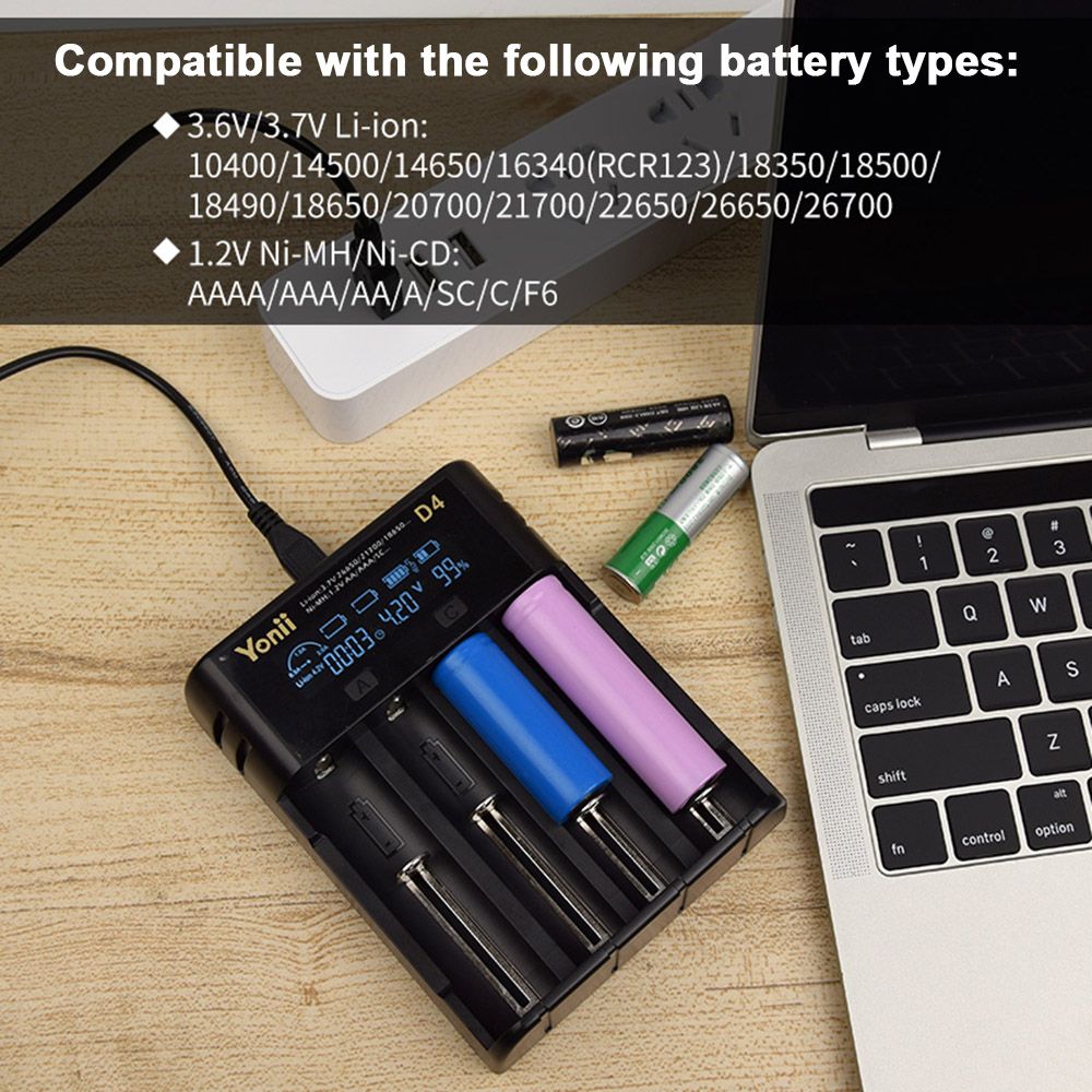 YONII D4 Batteriladdare, 4-plats LCD USB Laddare för 18650 21700 AA AAA Li-ion Ni-MH, Smart Snabbladdare