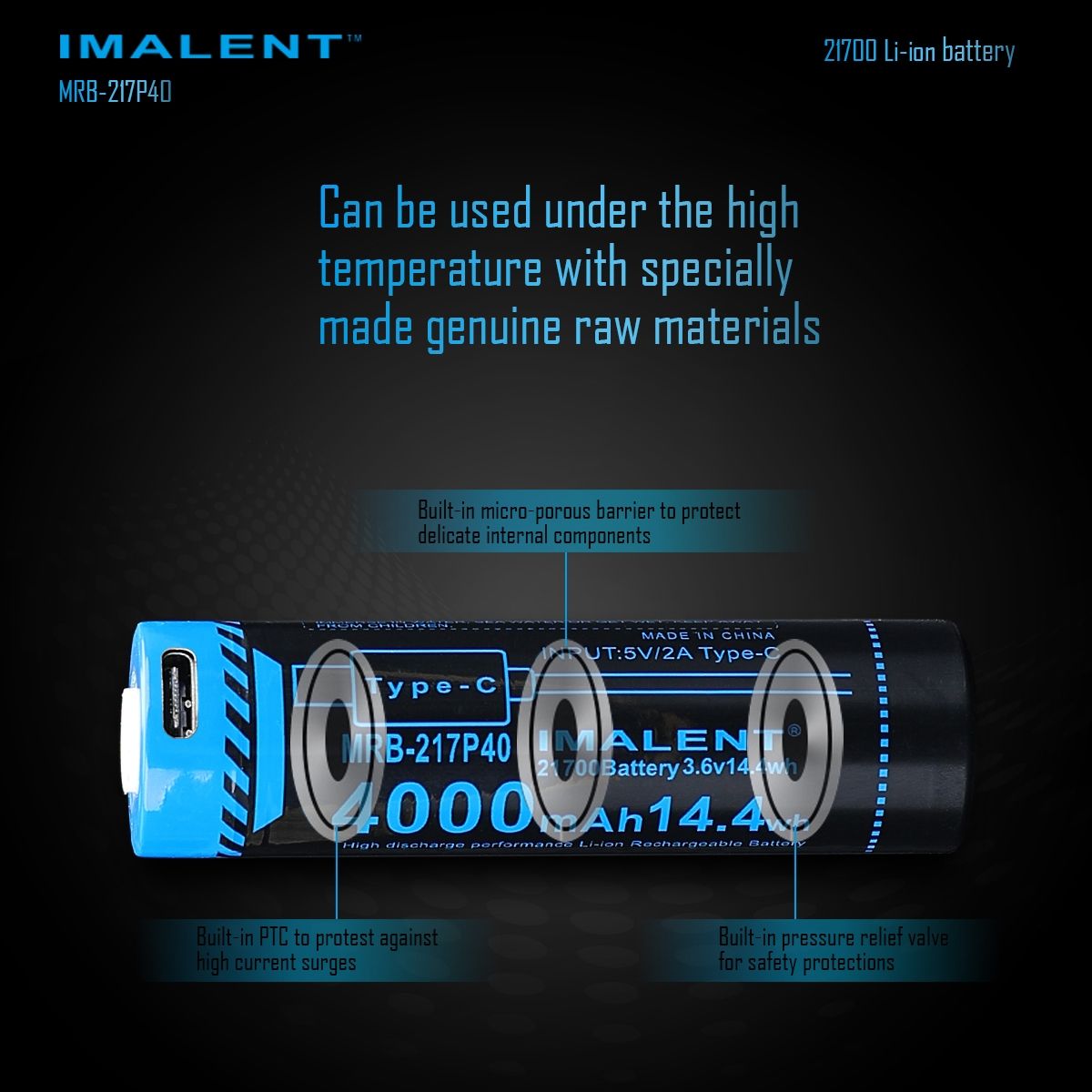 IMALENT MRB-217P40 21700 Batteri 4000mAh Type-C Uppladdningsbart Hög Kapacitet för Ficklampor och Prylar