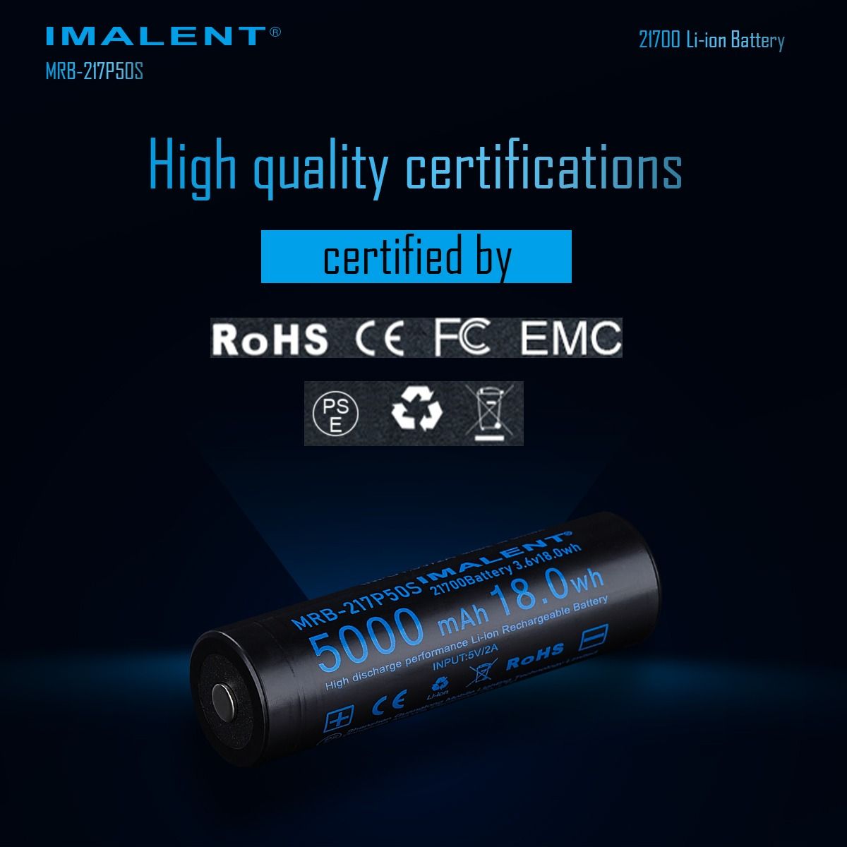 IMALENT MRB-217P50S: Hög Kapacitet 21700 Laddbart Li-ion Batteri 5000mAh 3.6V för Ficklampa
