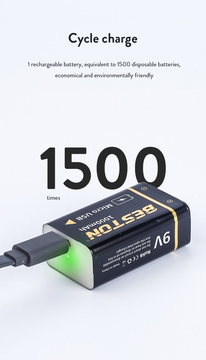 Beston 9V 1000mAh mikro-USB li-ion batteri hög kapacitet för RC helikoptrar och mikrofoner långvarigt miljövänligt