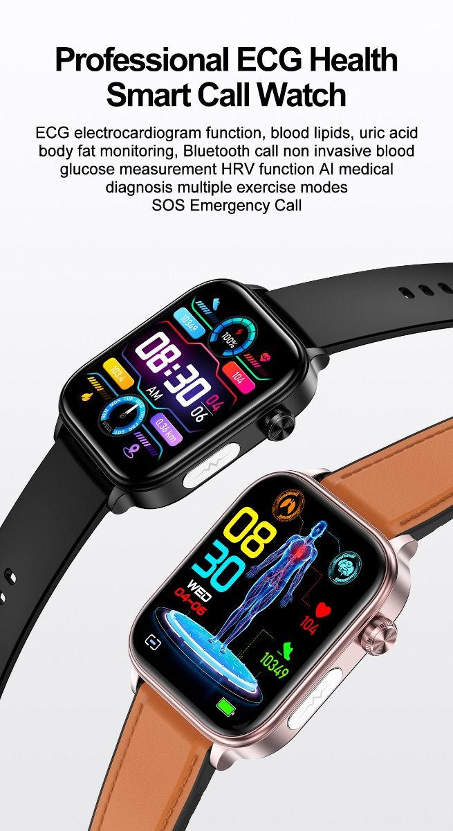 ET570 Blodsocker Smartwatch EKG Puls Blodtryck Hälsa Icke-invasiv Blodsocker Mätning, 1.96" Pekskärm för Android iOS