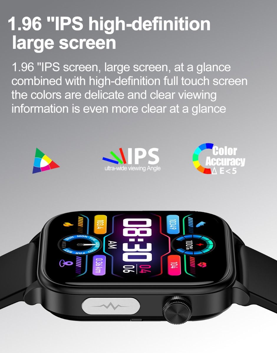 ET570 Blodsocker Smartwatch EKG Puls Blodtryck Hälsa Icke-invasiv Blodsocker Mätning, 1.96" Pekskärm för Android iOS