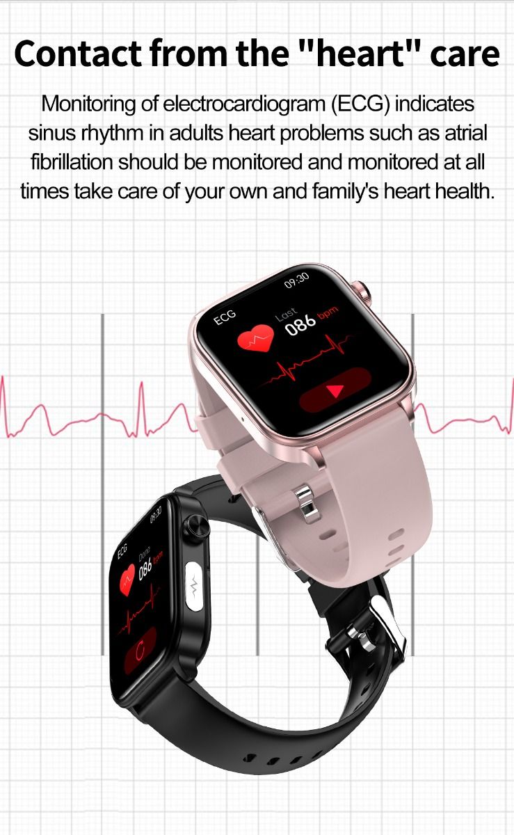 ET570 Blodsocker Smartwatch EKG Puls Blodtryck Hälsa Icke-invasiv Blodsocker Mätning, 1.96" Pekskärm för Android iOS