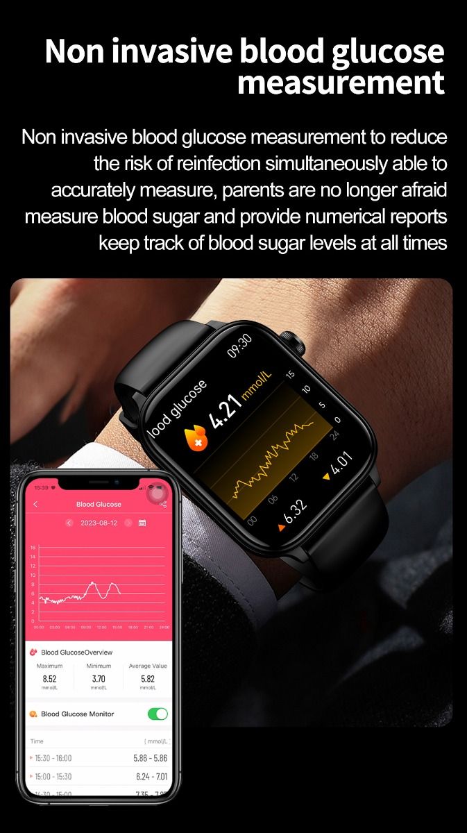 ET570 Blodsocker Smartwatch EKG Puls Blodtryck Hälsa Icke-invasiv Blodsocker Mätning, 1.96" Pekskärm för Android iOS