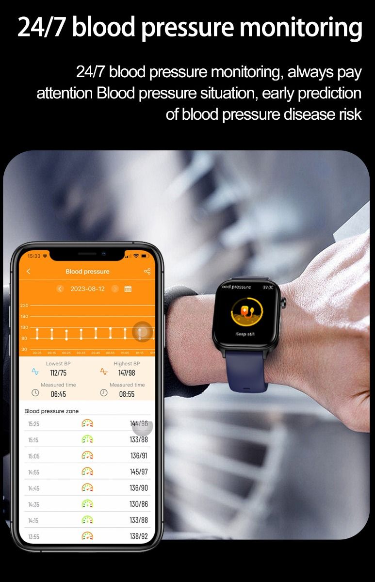 ET570 Blodsocker Smartwatch EKG Puls Blodtryck Hälsa Icke-invasiv Blodsocker Mätning, 1.96" Pekskärm för Android iOS
