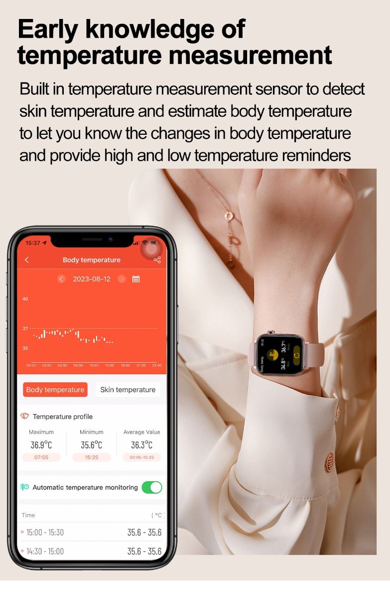 ET570 Blodsocker Smartwatch EKG Puls Blodtryck Hälsa Icke-invasiv Blodsocker Mätning, 1.96" Pekskärm för Android iOS