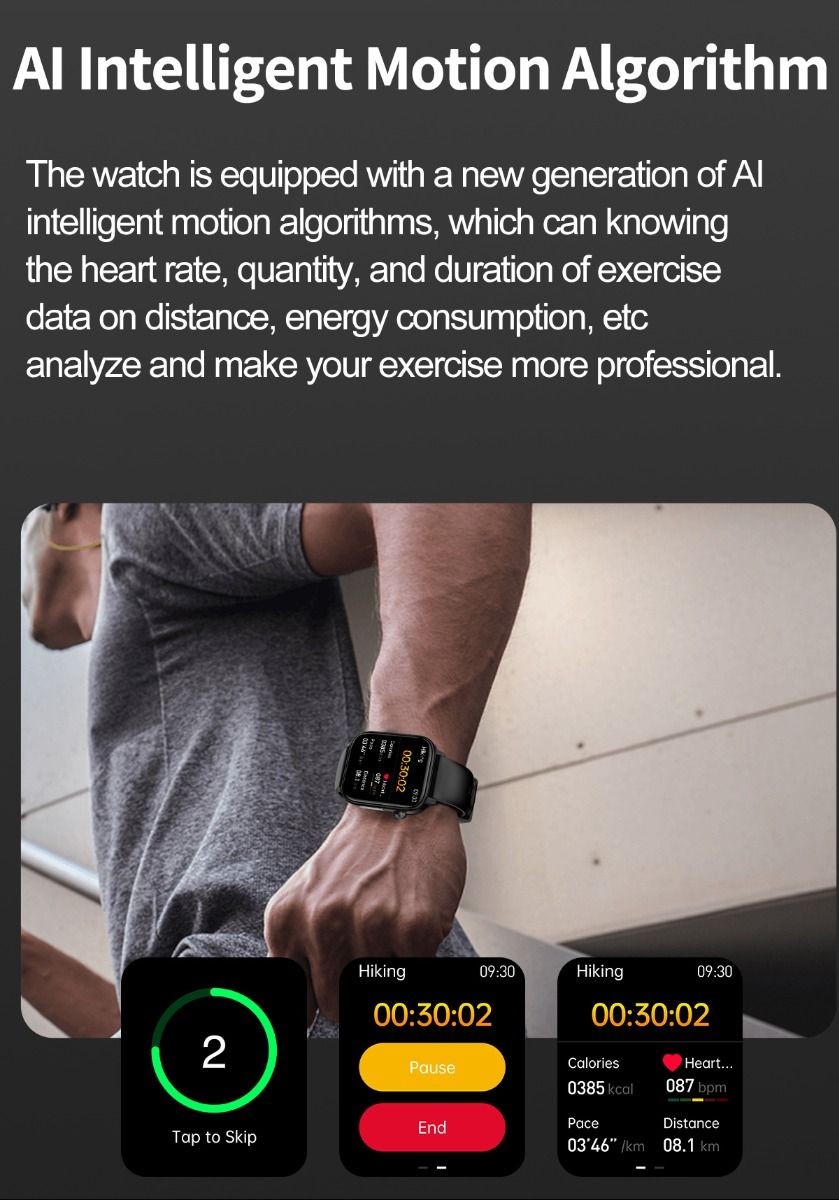 ET570 Blodsocker Smartwatch EKG Puls Blodtryck Hälsa Icke-invasiv Blodsocker Mätning, 1.96" Pekskärm för Android iOS