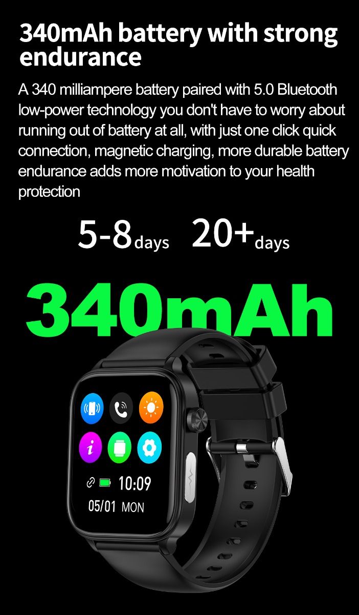 ET570 Blodsocker Smartwatch EKG Puls Blodtryck Hälsa Icke-invasiv Blodsocker Mätning, 1.96" Pekskärm för Android iOS