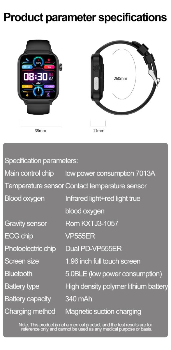 ET570 Blodsocker Smartwatch EKG Puls Blodtryck Hälsa Icke-invasiv Blodsocker Mätning, 1.96" Pekskärm för Android iOS