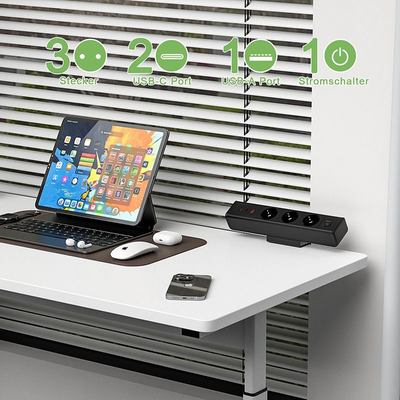 Skrivbordsmonterad Grenuttag med Strömställare | Snabbladdning USB-C/A | Överbelastningsskydd Eluttag EU-Standard