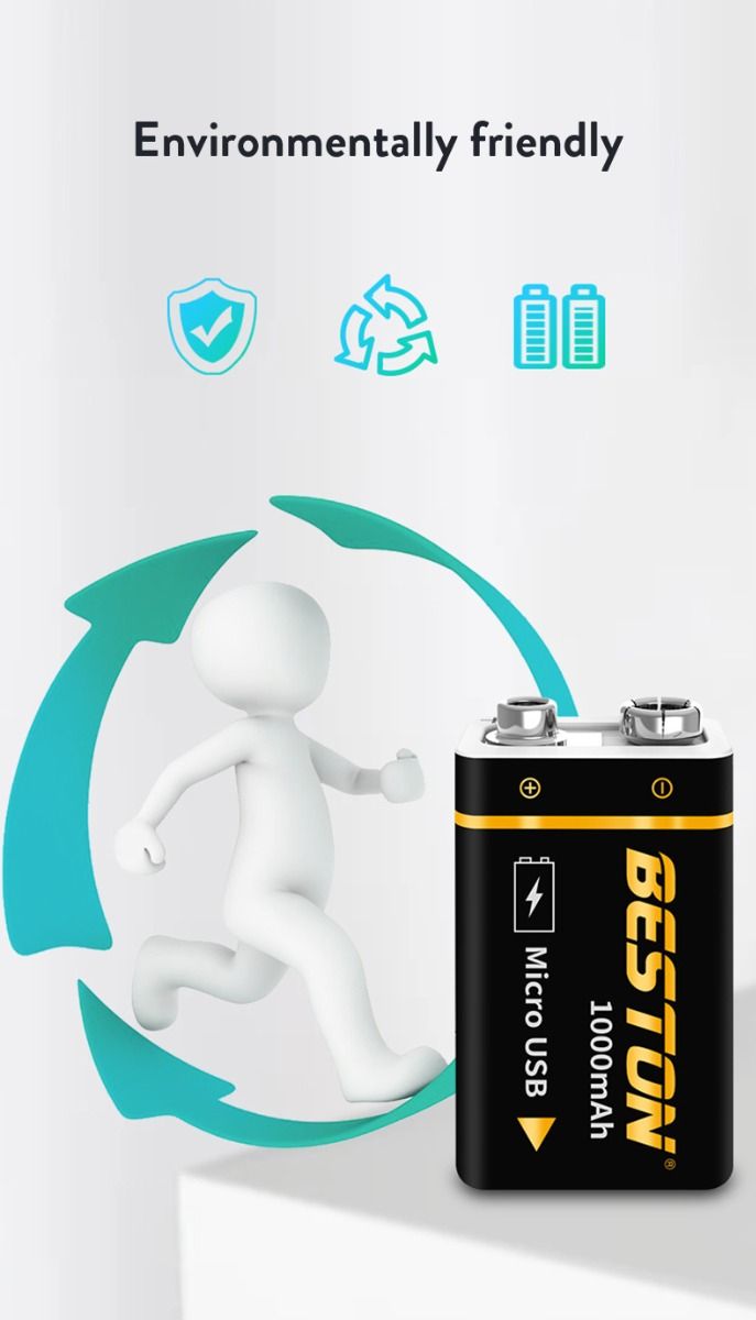 Beston 9V 1000mAh mikro-USB li-ion batteri hög kapacitet för RC helikoptrar och mikrofoner långvarigt miljövänligt