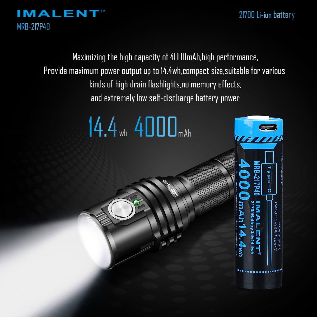 IMALENT MRB-217P40 21700 Batteri 4000mAh Type-C Uppladdningsbart Hög Kapacitet för Ficklampor och Prylar