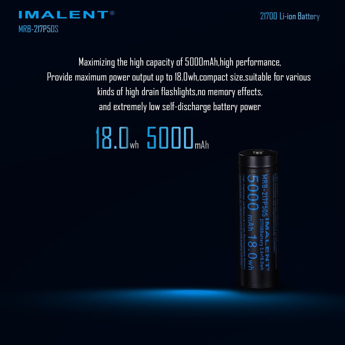 IMALENT MRB-217P50S: Hög Kapacitet 21700 Laddbart Li-ion Batteri 5000mAh 3.6V för Ficklampa