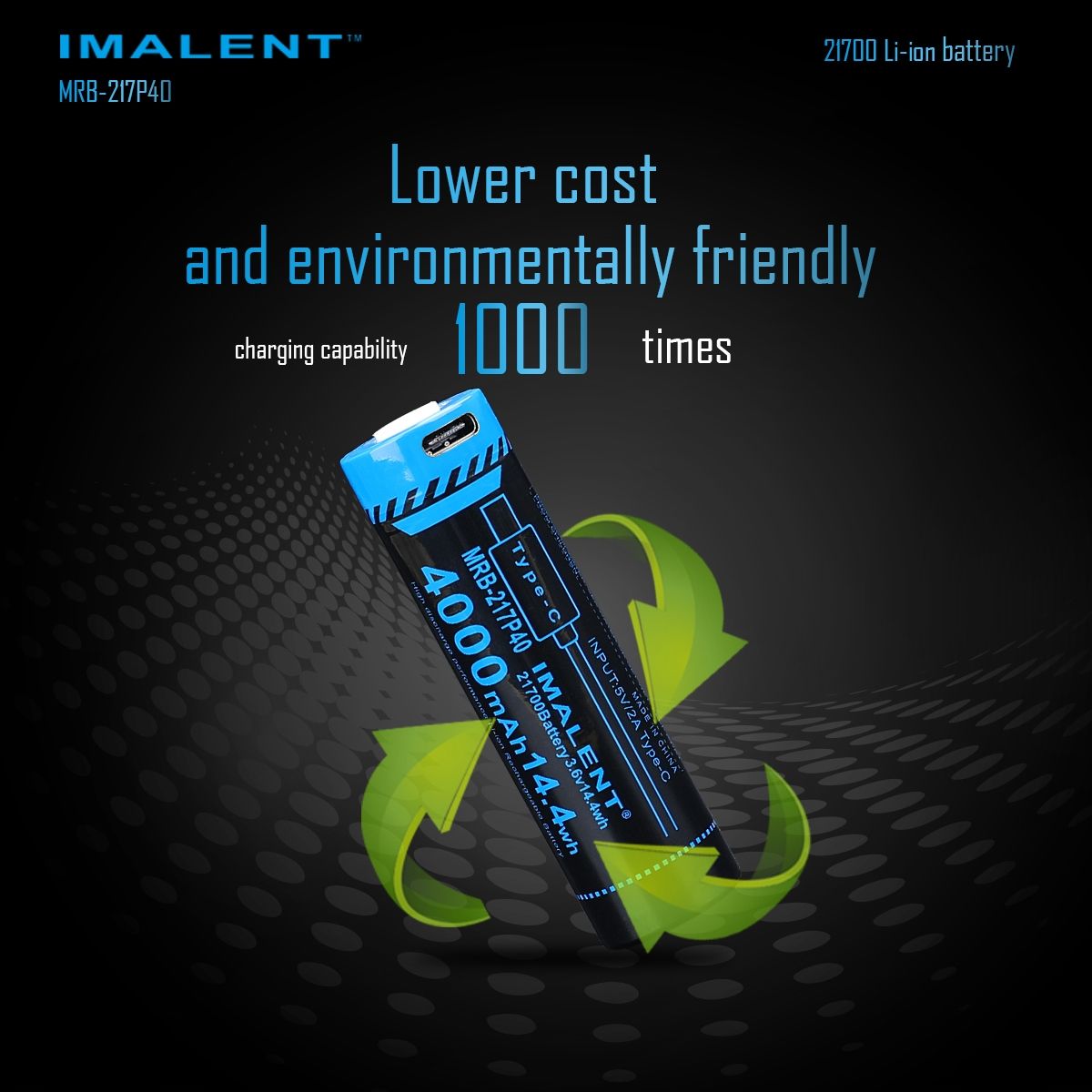 IMALENT MRB-217P40 21700 Batteri 4000mAh Type-C Uppladdningsbart Hög Kapacitet för Ficklampor och Prylar