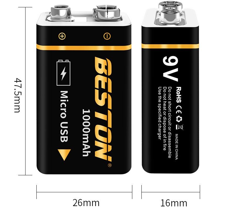 Beston 9V 1000mAh mikro-USB li-ion batteri hög kapacitet för RC helikoptrar och mikrofoner långvarigt miljövänligt