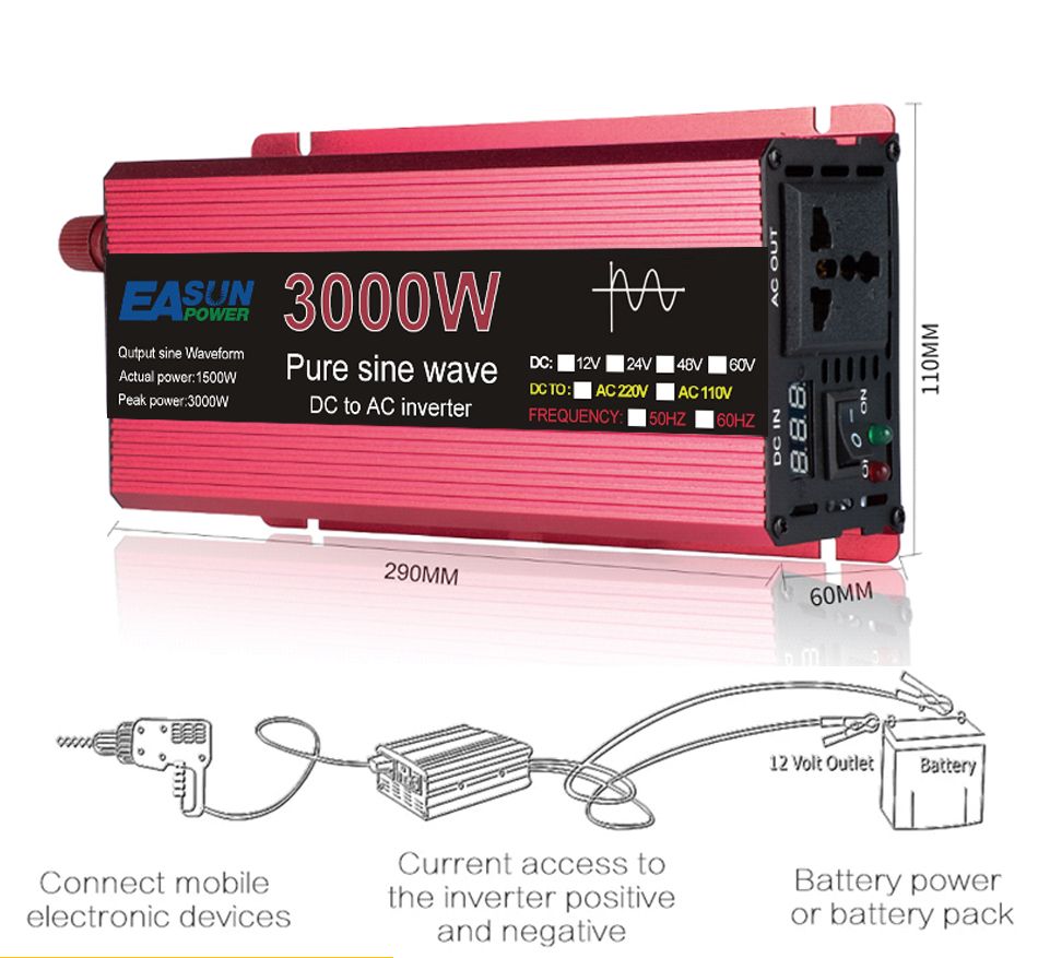 Ren sinusvågsväxelriktare 3000W 2200W 1600W 1000W Hållbar aluminium-magnesiumdesign Hög verkningsgrad Campingkraft