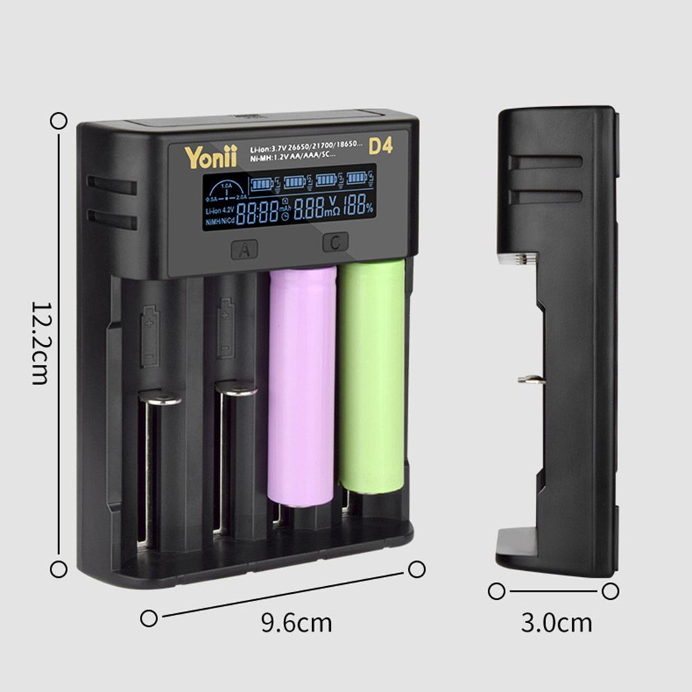 YONII D4 Batteriladdare, 4-plats LCD USB Laddare för 18650 21700 AA AAA Li-ion Ni-MH, Smart Snabbladdare