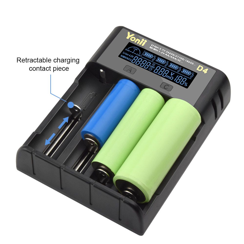 YONII D4 Batteriladdare, 4-plats LCD USB Laddare för 18650 21700 AA AAA Li-ion Ni-MH, Smart Snabbladdare