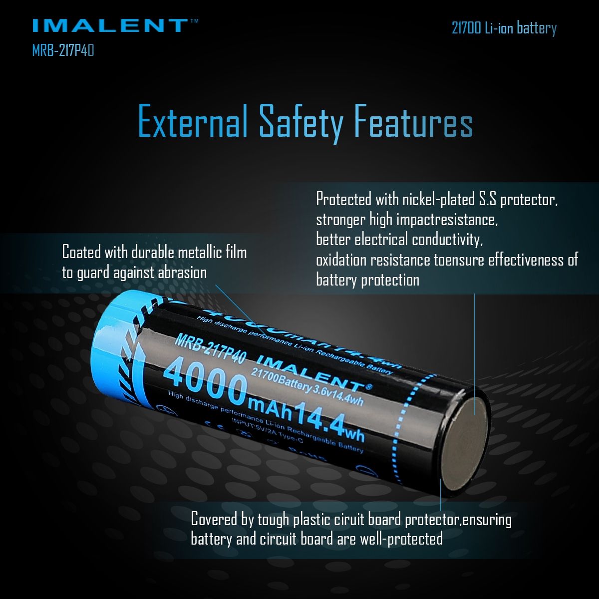IMALENT MRB-217P40 21700 Batteri 4000mAh Type-C Uppladdningsbart Hög Kapacitet för Ficklampor och Prylar