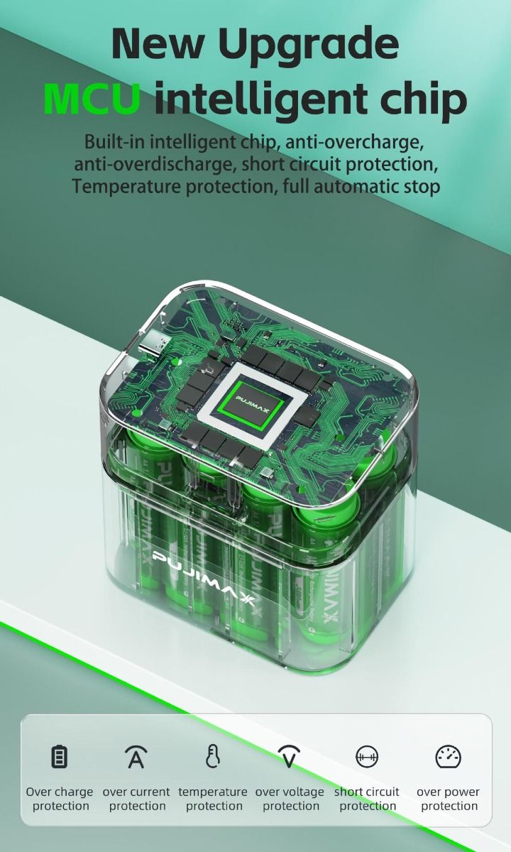 8-fack smart flip top laddare med typ-C port effektiv för AA litiumbatteri 3400mWh snabb batterihantering