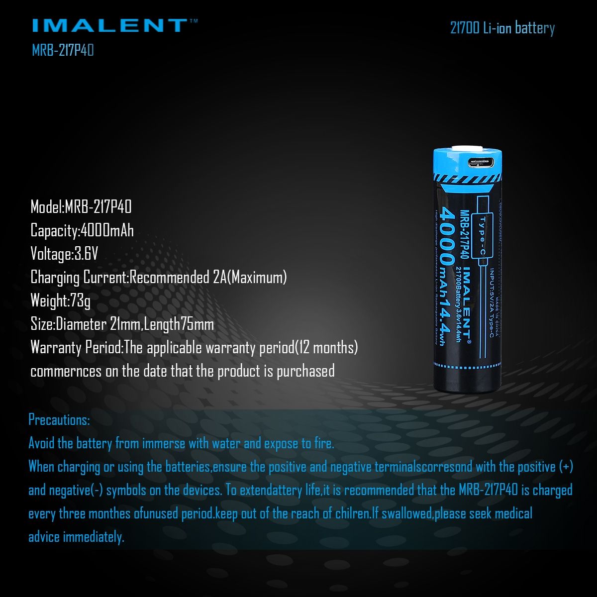 IMALENT MRB-217P40 21700 Batteri 4000mAh Type-C Uppladdningsbart Hög Kapacitet för Ficklampor och Prylar