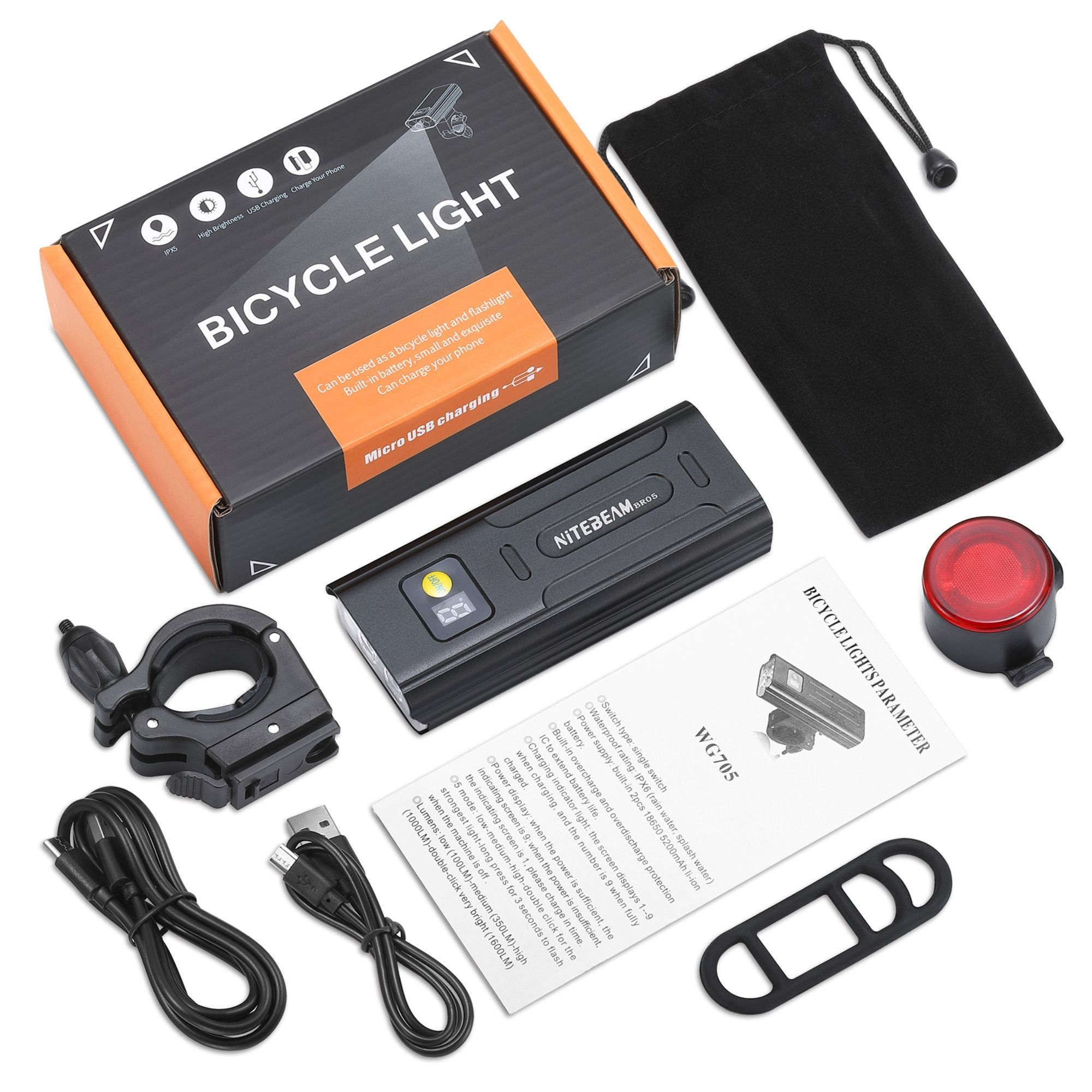 NiteBeam BR05 cykellampor 5000 lumen USB-uppladdningsbar cykelsäkerhetsutrustning med powerbank-funktion