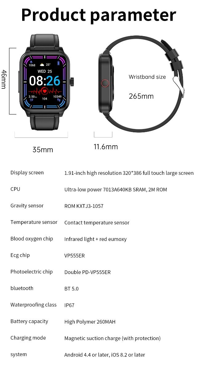 ET540 Blodsocker EKG Kroppstemperatur Blodtryck Blodsyre Puls Bluetooth-samtal Smartklocka Träningsspårare