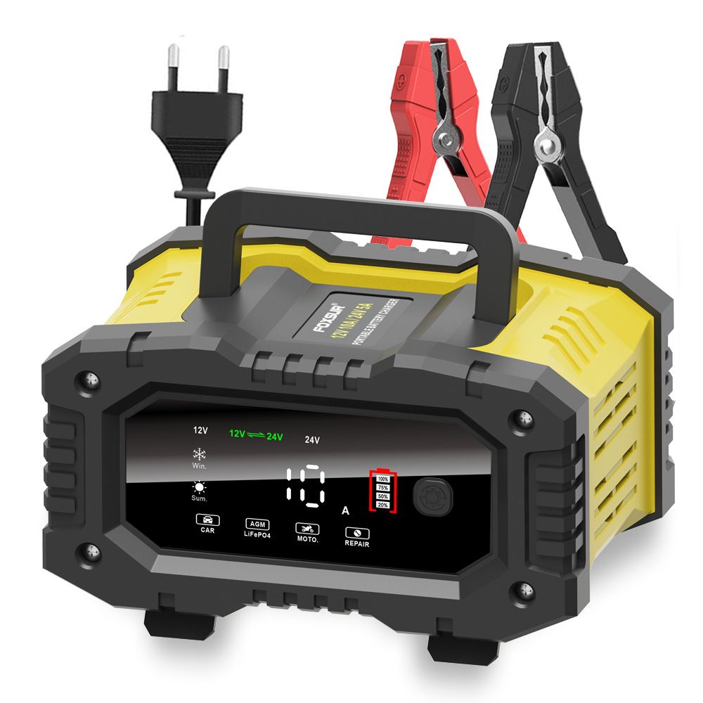 FOXSUR bärbar bilbatteriladdare 12V/24V motorcykel lastbil AGM LiFePO4 automatisk 7-stegs laddning effektivitet