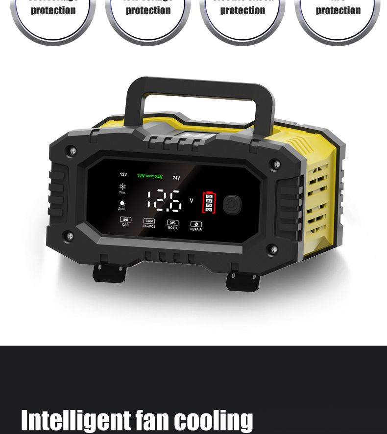 FOXSUR bärbar bilbatteriladdare 12V/24V motorcykel lastbil AGM LiFePO4 automatisk 7-stegs laddning effektivitet