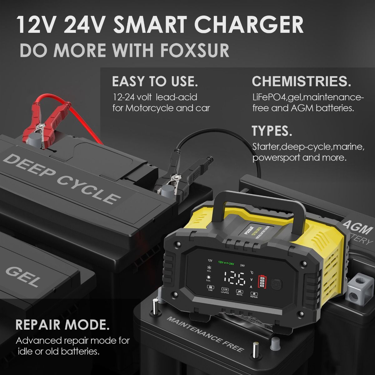 FOXSUR bärbar bilbatteriladdare 12V/24V motorcykel lastbil AGM LiFePO4 automatisk 7-stegs laddning effektivitet