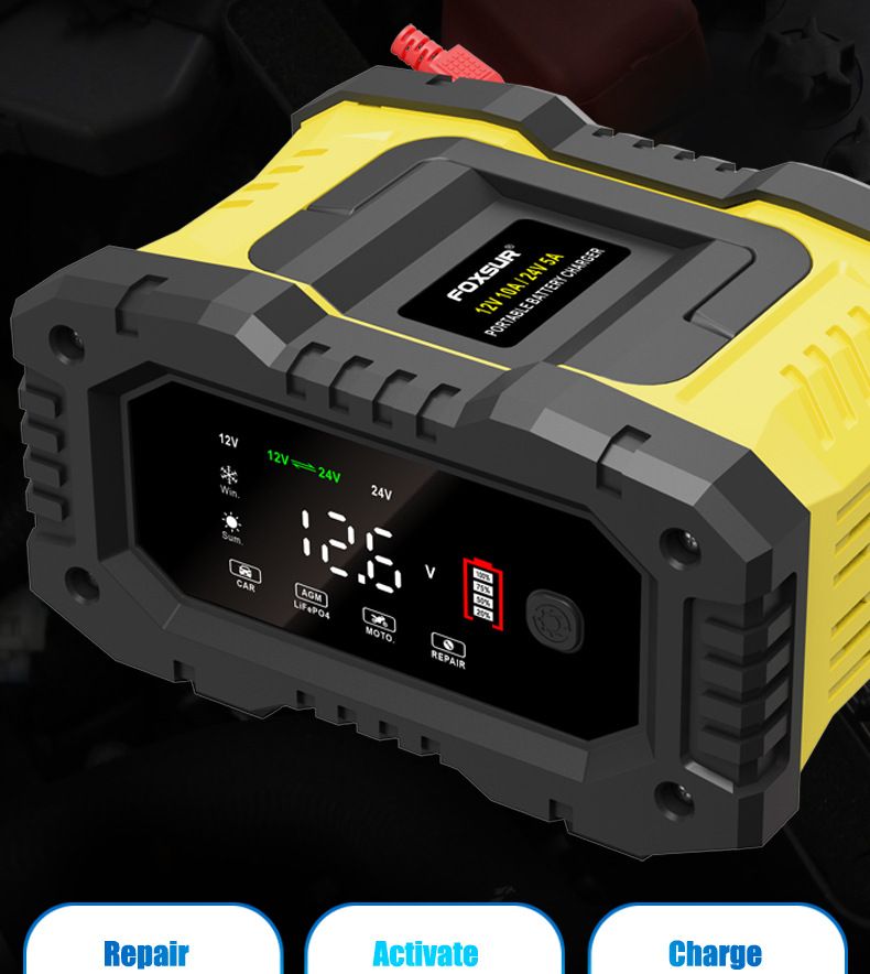 FOXSUR bärbar bilbatteriladdare 12V/24V motorcykel lastbil AGM LiFePO4 automatisk 7-stegs laddning effektivitet
