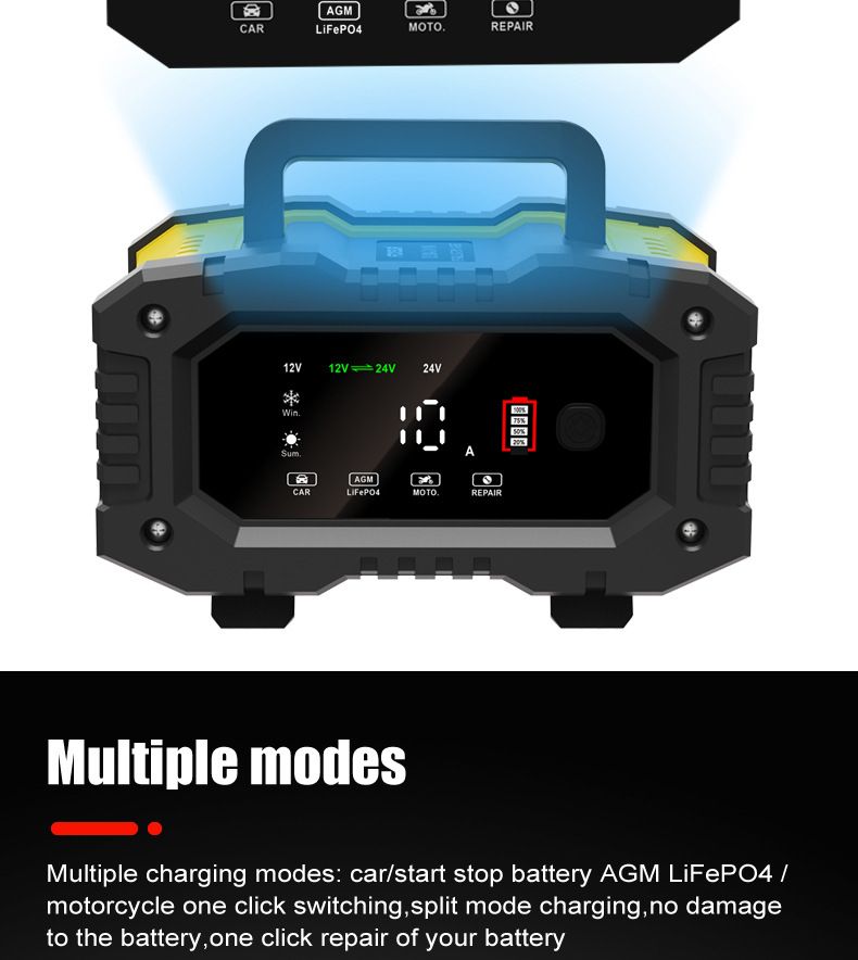 FOXSUR bärbar bilbatteriladdare 12V/24V motorcykel lastbil AGM LiFePO4 automatisk 7-stegs laddning effektivitet