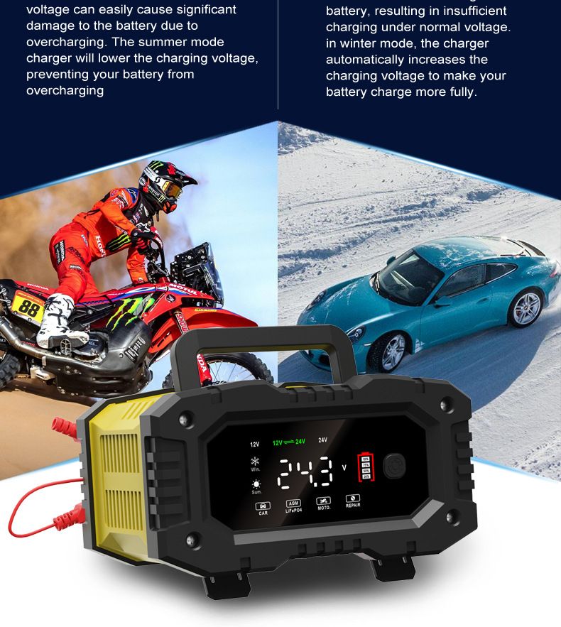 FOXSUR bärbar bilbatteriladdare 12V/24V motorcykel lastbil AGM LiFePO4 automatisk 7-stegs laddning effektivitet