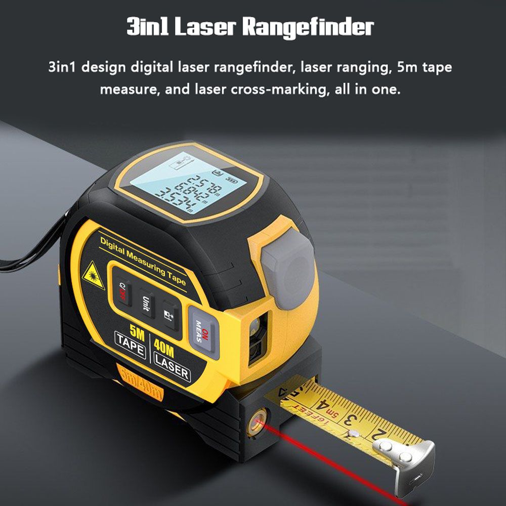 3 i 1 Laseravståndsmätare med 5 m Måttband och LCD-skärm Multifunktionellt Verktyg för Byggnad och Renovering