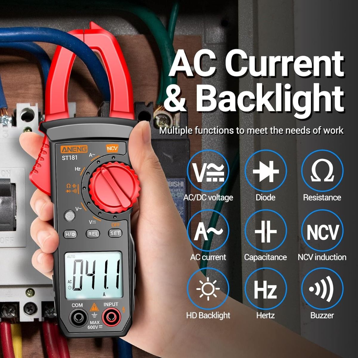 ANENG ST180 Digitalt klämmeter Multimeter Testare 4000 räkningar med NCV Amp Ohm Volt Mäter växelström, växel-/likspänning, kapacitans, resistans, dioder, kontinuitet, frekvens, bakgrundsbelysning Elektrikerverktyg